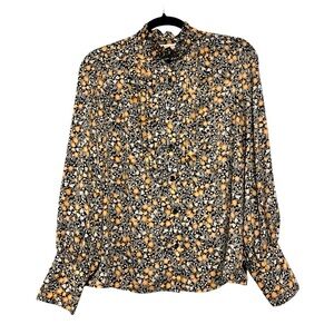 Nili Lotan Pleated Floral Balloon Sleeve Button Down High Neck Blouse M Black